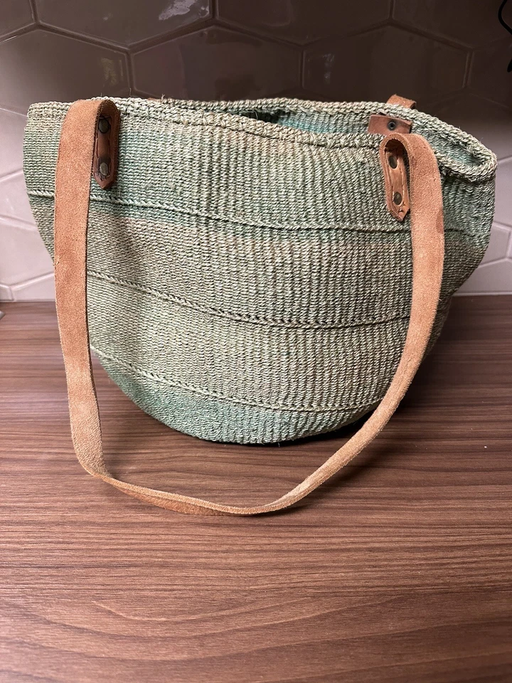 80s Vintage Sisal Slouch Bag Tote Leather Handles Earth Sage Green/ Green Apple 