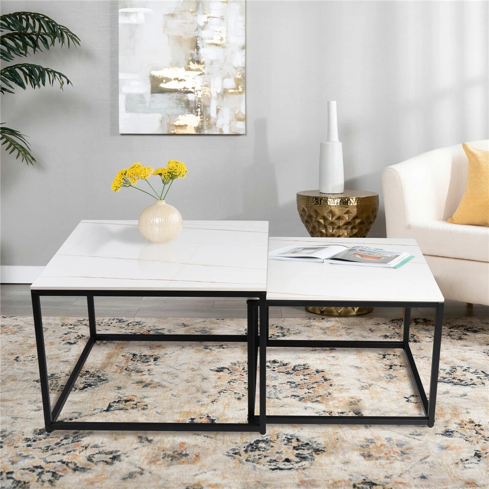 Durable Sinter Stone Marble Square Coffee Table Accent Center Nesting Table Set