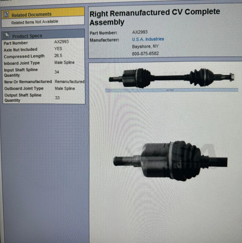AX-2993 GM-8103 EJE CV - 92-96 BUICK CENTURY, CHEVY LUMINA APV, OLDS SILHOUETTE Foto 2 de 2