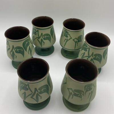 Studiokeramik dekorative Weinkelche mit Stiel grün gemustert 6er Set Vintage