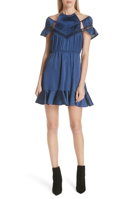 SELF PORTRAIT Navy Satin Arrow Lace Trim Ruffle Satin Mini-Dress 10 US = UK14 L