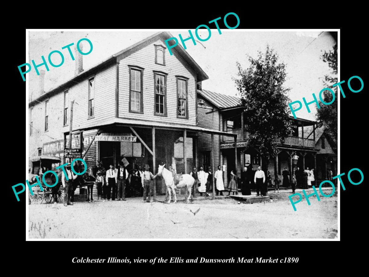OLD POSTCARD SIZE PHOTO OF COLCHESTER ILLINOIS THE TOWN MEAT MARKET c1890