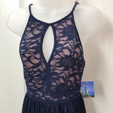 NEW wTag-Junior’s MORGAN & CO Navy/Nude Lace High Low Formal Dress Sz 3/4