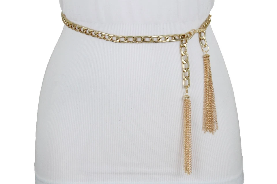 Mujeres Envoltura de cadena de metal dorado estilo lujoso cinturón cintura cadera borla flecos XS S M Foto 4 de 4