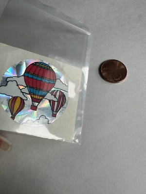 Vintage 1990s Three Hot Balloon Air Flying In Cloud Prism Foil Scrapbook Sticker
