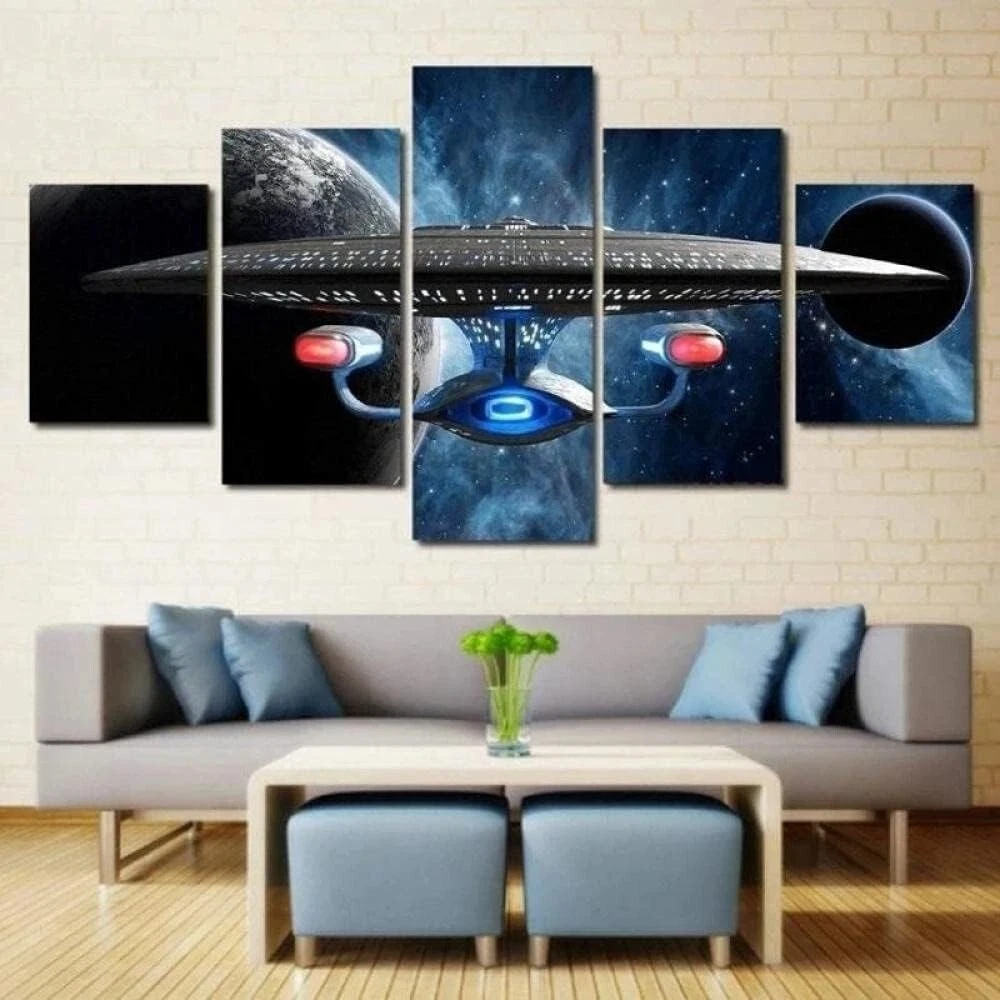 USS Enterprise Star Trek Space Earth 5 Piece Panel Canvas Wall Art Photo Decor
