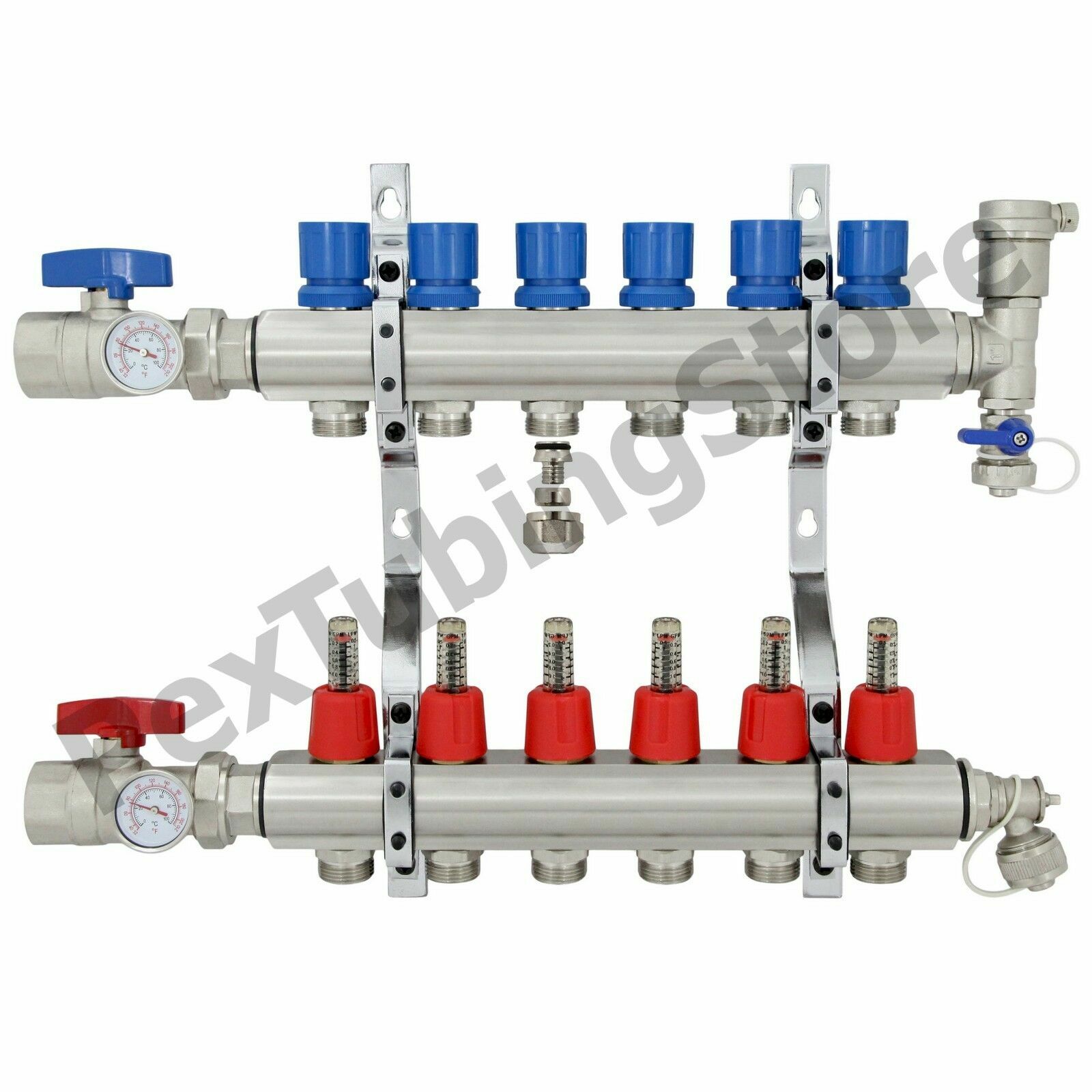 6-Branch PEX Radiant Floor Heating Manifold Set - Brass, for 3/8” 1/2” 5/8” PEX