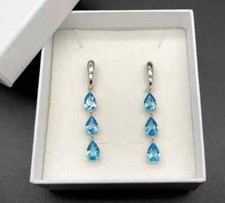 14K White Gold Plated 3Ct Pear Cut Lab Created Blue Topaz Drop/Dangle Earrings