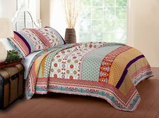 NEW BEAUTIFUL CHIC COTTAGE RED GREEN BLUE IVORY BOHO SOUTHWEST COZY QUILT SET