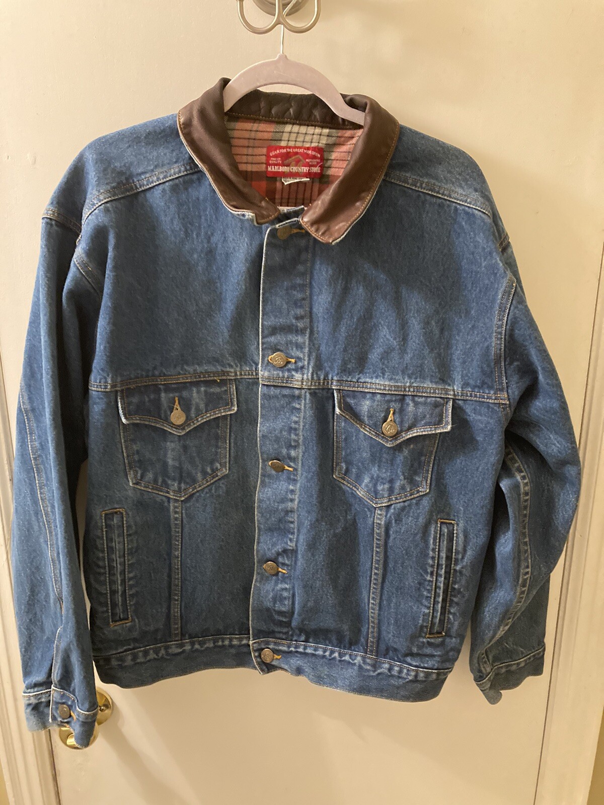 Vintage Marlboro Denim Jacket Leather Collar mens Lar… Gem