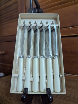 6er Set Vintage Fischmesser verchromt Neusilber Faux Knochen Griffe verpackt