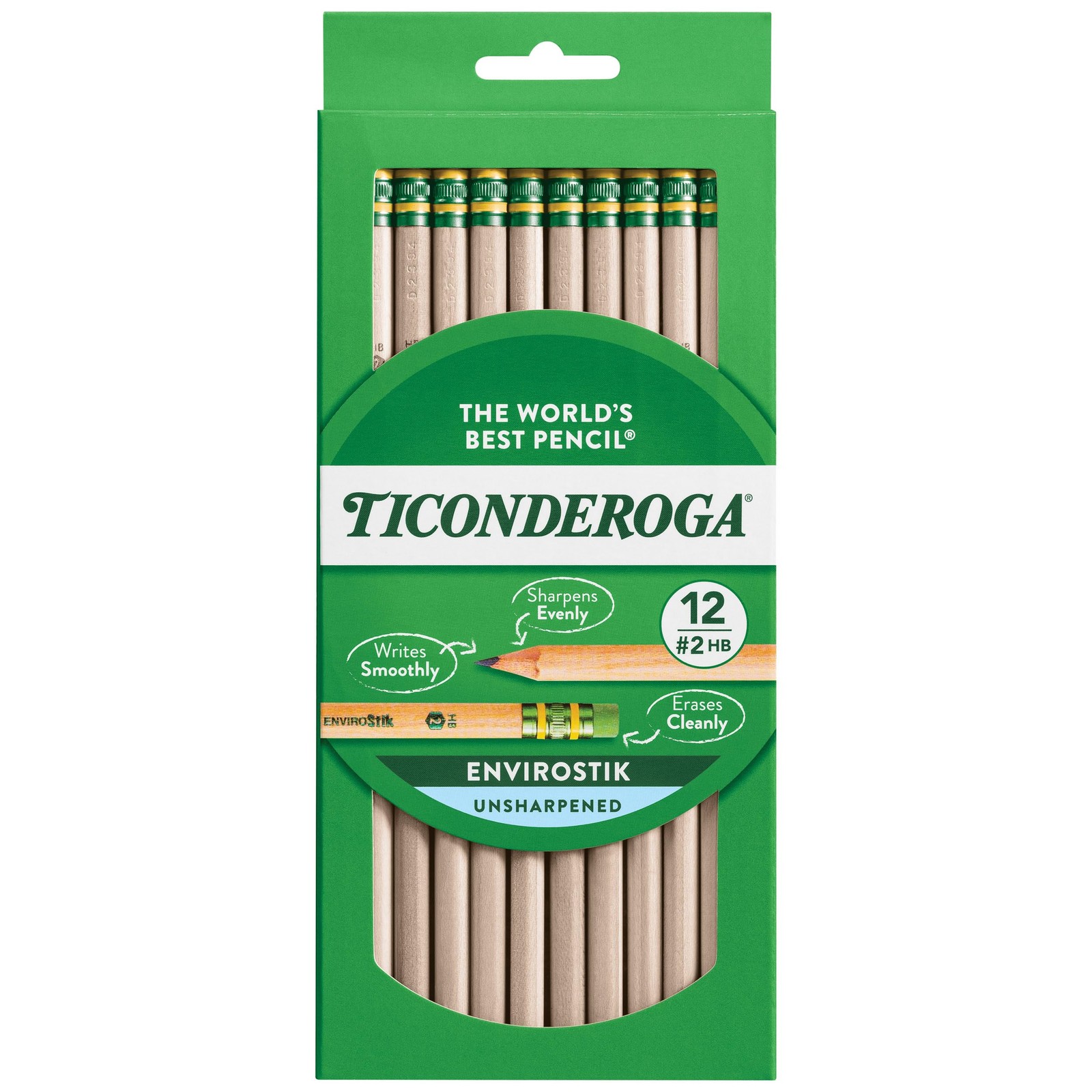 Ticonderoga Envirostik Wood-Cased Pencils, #2 HB 12 Count (Pack of 1), Green 