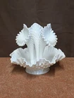 FENTON Epergne Hobnail Milk Glass Three Horns 9" tall x 10" Dia.