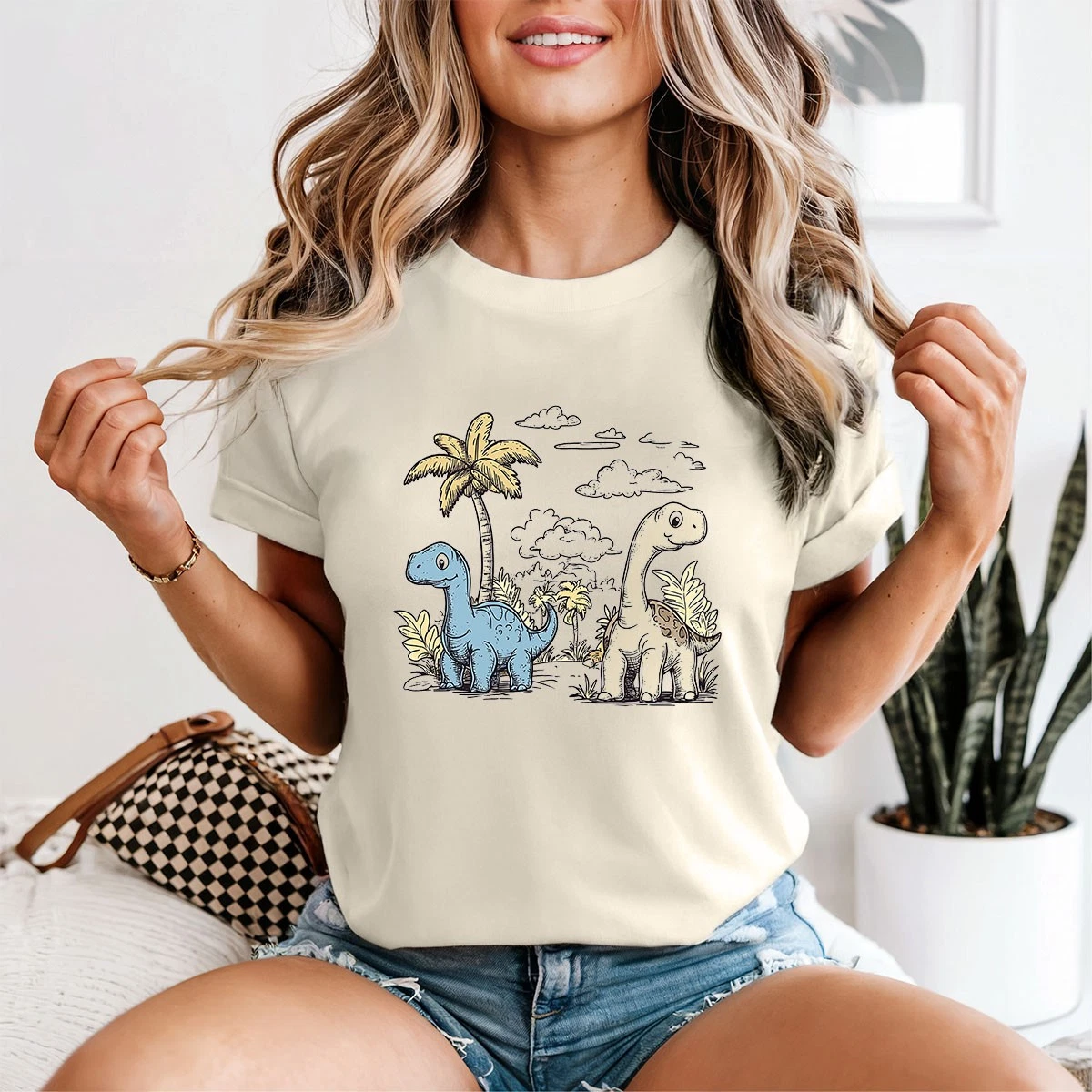 Dinosaurus Patroon Print Vrouwen Klassieke V-hals T-shirt Korte Mouw