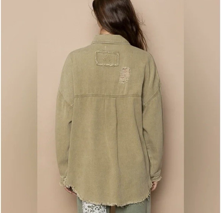 POL Oversized Distressed Button Down Raw Hem Khak… - image 3