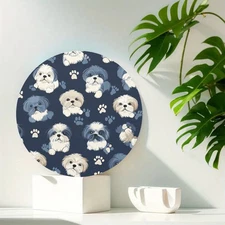 Seamless Shih Tzu with Paw Print Round Modern Aluminum Wall Art