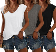 3 Pack Womens Cap Sleeve Tops V Neck T Shirts Summer Spring Outfits Beach Vacati