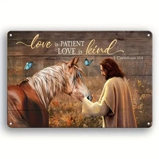 Rustic Jesus & Horse Tin Metal Signs - Vintage-Inspired Wall Art with "Love is P