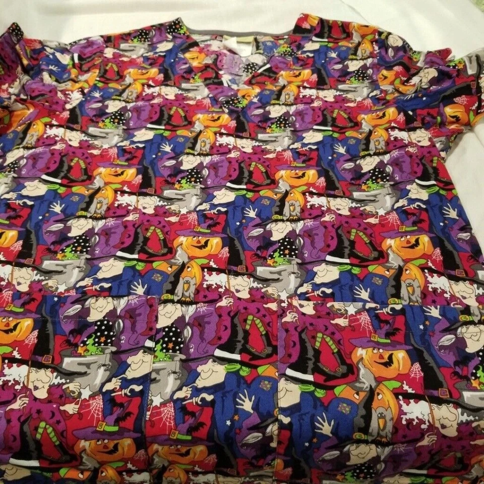 Tafford Uniforms Scrub Top Halloween Womens M Witches Pumpkins - Image 4 of 4