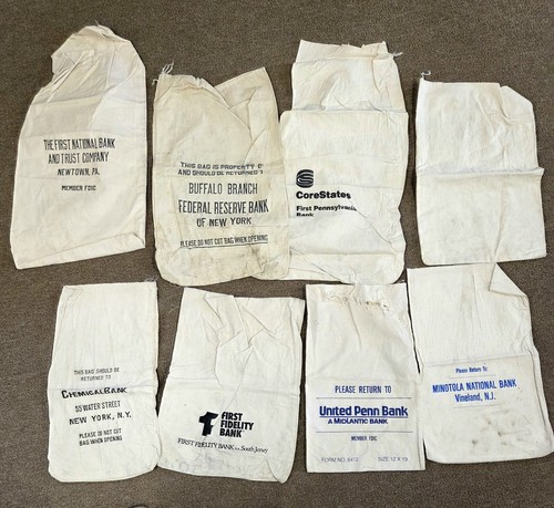 Lot Of 8 Vintage Canvas Bank Money Bags