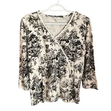 J. Jill Gray and Ivory Floral V-Neck Knit Top M