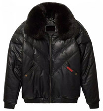 Men's Puffer V bomber Black Real Lambskin Napa Leather Fur Collar Winter Jacket