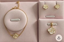 10K Solid Gold Baby Girl White Rose Jewelry Set Bracelet Screw Back Earring