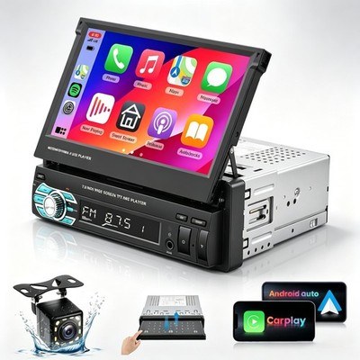 7'' Flip Out Single DIN Car Stereo Apple CarPlay BT USB AUX Touchscreen Head Unit