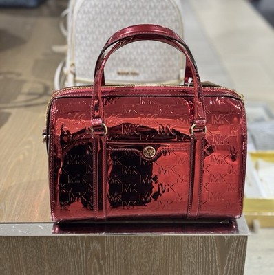 Michael Kors Jet Set Women Metallic Logo Debossed Satchel Bag $478 in Cherry red