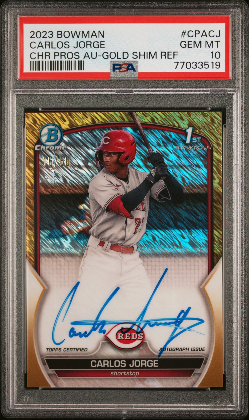 2023 Bowman Chrome Prospect AUTO 1ST RC Carlos Jorge /50 GOLD Shimmer PSA 10