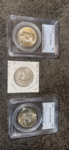 3 Franklin Half Dollars 1957-1963 – 90% Silver – 2 Graded, 1 AU58