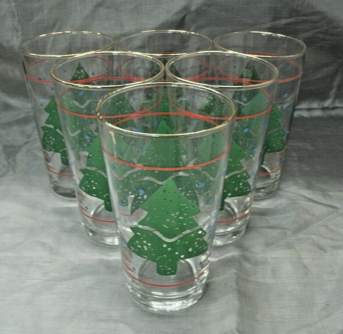 Vtg Libbey? Christmas Tree Holiday Set of 6 Tumblers Glasses Snow Clear