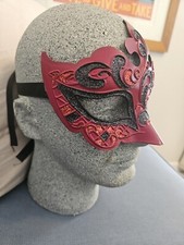 Vtg Mask Venezia Italy Hand Painted Masquerade Ball Red Black