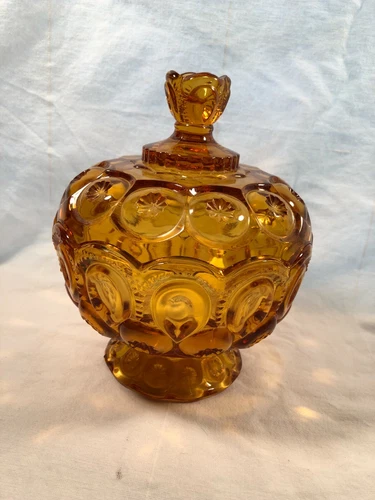 Amber Moon and Stars Depression Glass Compote Mint
