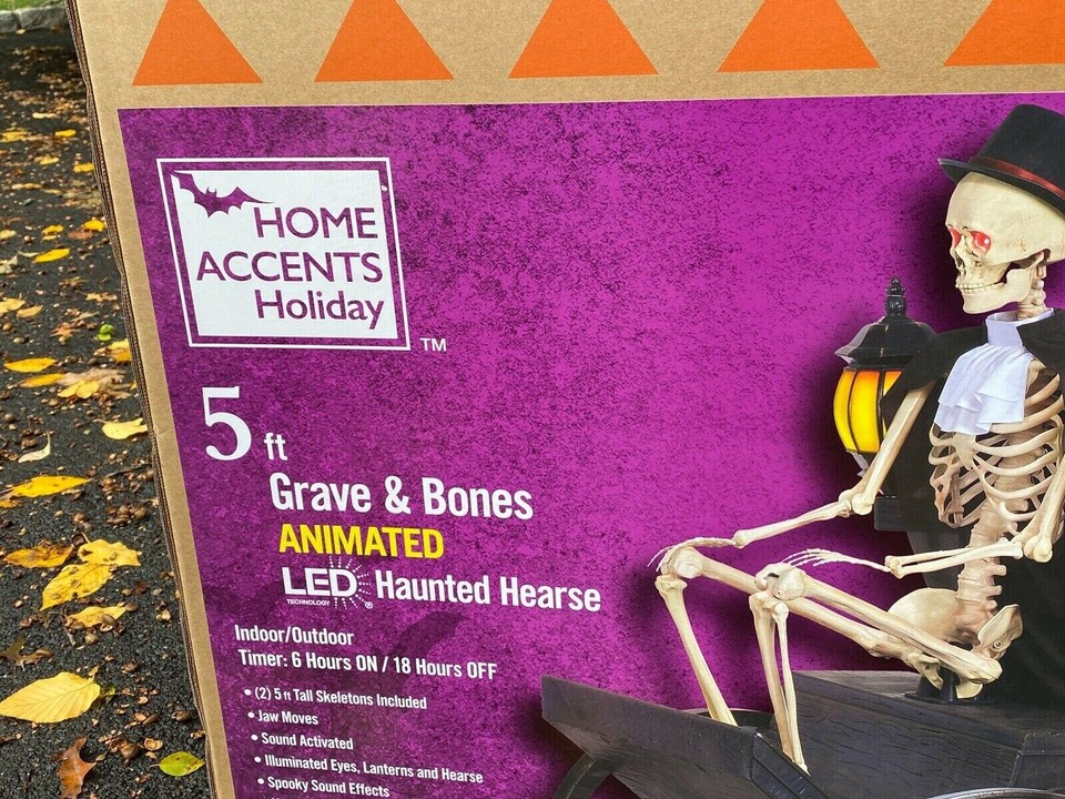 Home Depot Halloween Home Accents 5 ft Animated LED Hearse Skeleton NEW