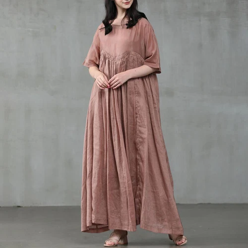 Damen Kurzarm Baumwolle Lockere Taille Party Swing Maxikleid S-5xl - Bild 11 von 28