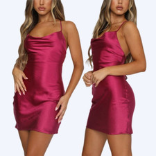 Women Sexy Back Cross Satin Dress V-neck Backless Party Clubwear Mini Sundress
