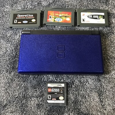 Nintendo DS Lite Blue Cobalt Console 4 Games Stylus Hinges Fine No Batt Cover
