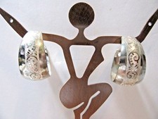 PIERCED SILVER TONE WIDE HOOP EARRINGS PIERCED VINTAGE SMOOTH AND SCROLL