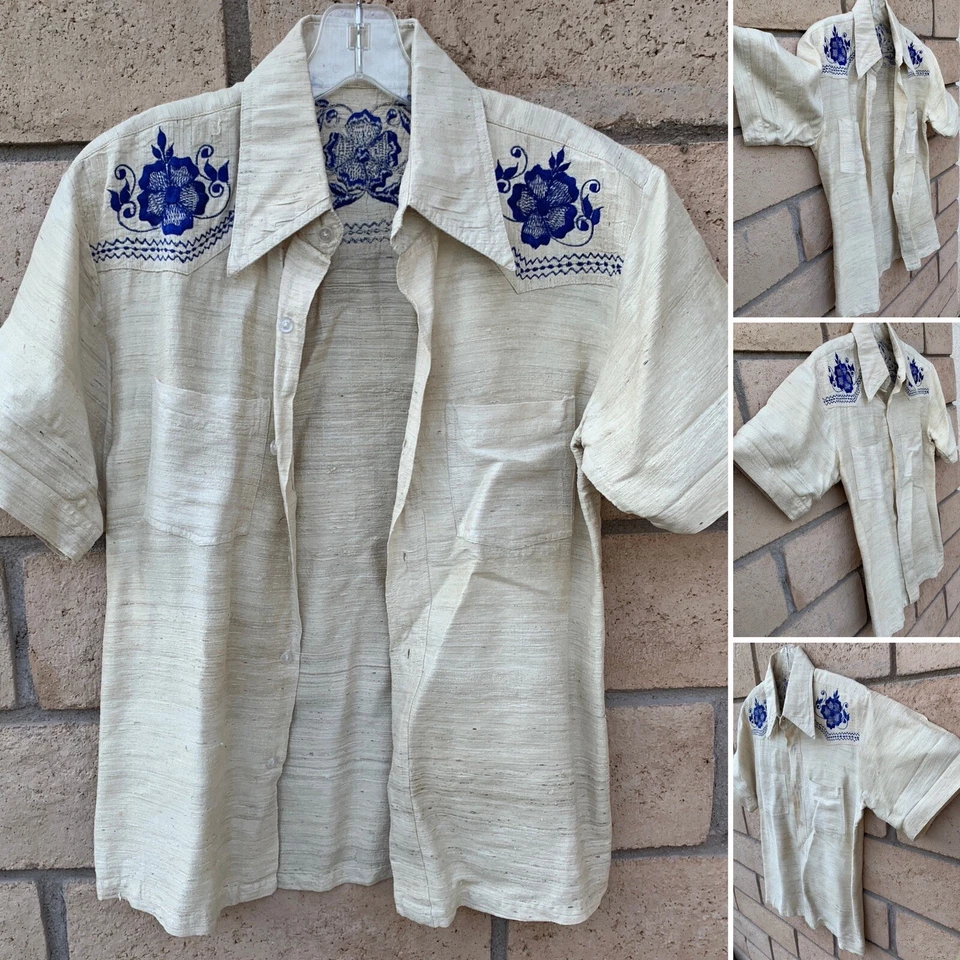 Camisa occidental vintage floral bordada bolsillos en el pecho tela tejida núcleo de vaquero Foto 3 de 4