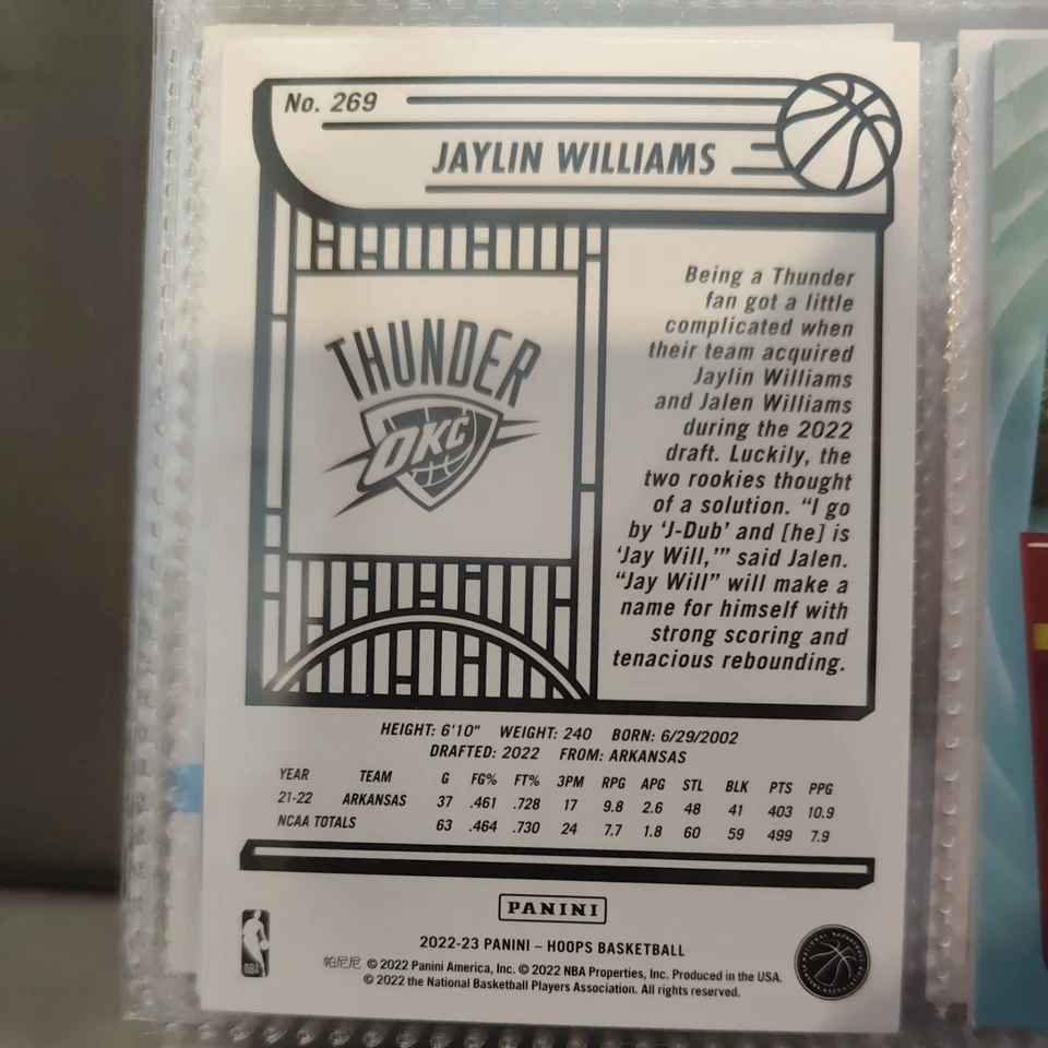 2022-23 Panini NBA Hoops - Rookies Purple #269 Jaylin Williams (RC) - Image 2 of 2