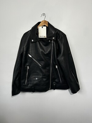 Pull & Bear Faux Leather Biker Jacket. Black Zip size Large