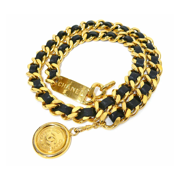 CHANEL レザーチェーンベルト Chanel Metal Lambskin Reissue Lock Choker Black White Gold Chain