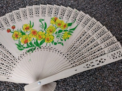 Vintage Hand Painted hand Held Bamboo FAN 8" T x 13" Fanned Yellow flowers - Picture 4 of 11