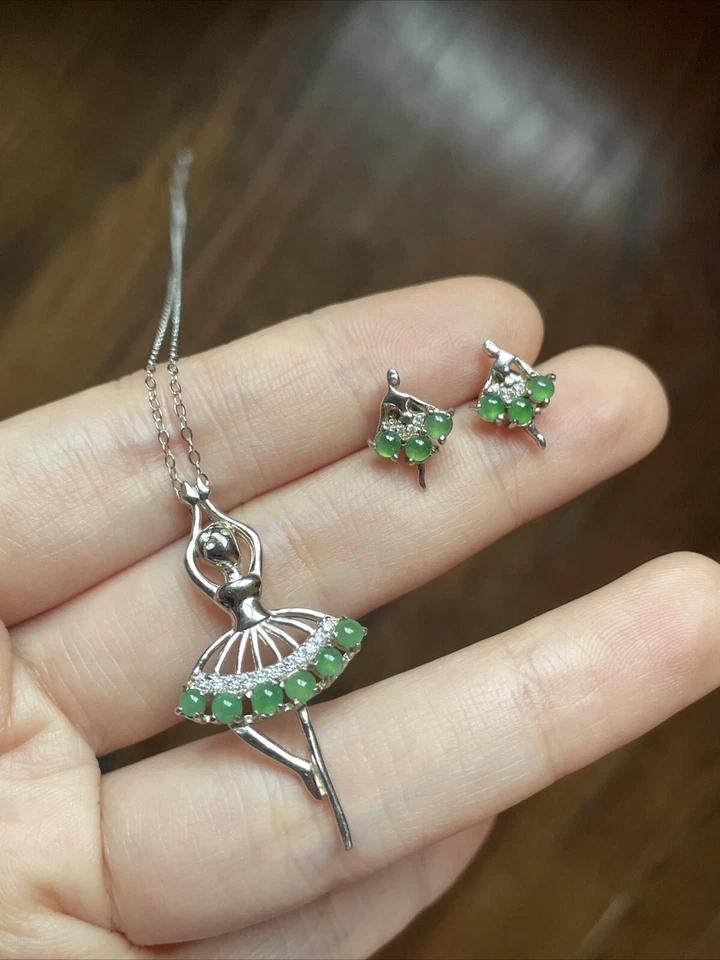 Juego de pendientes y colgantes de plata de ley S925 grado A jadeíta - 芭蕾舞者冰綠一套 Foto 4 de 4