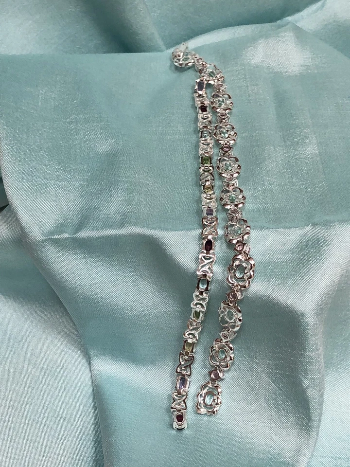 2 Multi-Color Gemstone Tennis Rainbow Bracelet Silver Tone Clasps Need Repair - Image 3 of 4