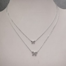 Women Girls Multilayer chain Stainless Steel Cute bow Pendant Necklace Silver