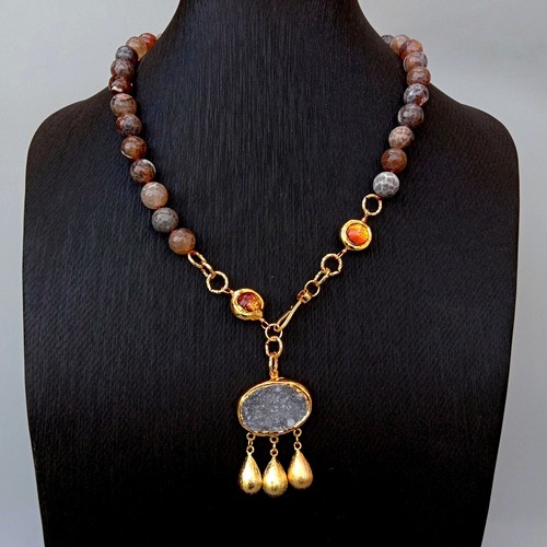 Faceted Brown Agate Murano Glass Necklace Quartz Druzy Oval Shape Pendant 22" - Picture 2 of 6