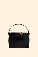 1960s Vintage Black Patent Leather Handbag Gold Filigree Clasp Top Handle Purse