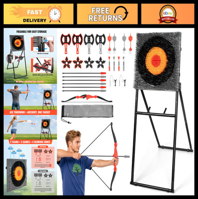 5-in-1 Outdoor Axe Throwing Target Set with Axes, Darts & Lawn Games - Foldable